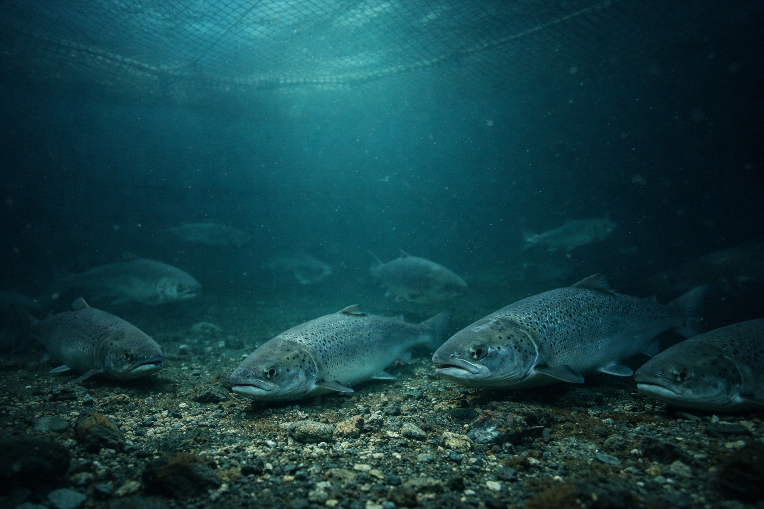 Salmones del Atlántico en jaula de cultivo mostrando comportamiento asociado a estrés cardíaco — respuesta inmune frente al PRV y HSMI, Salmon Immunology Series Capítulo 20