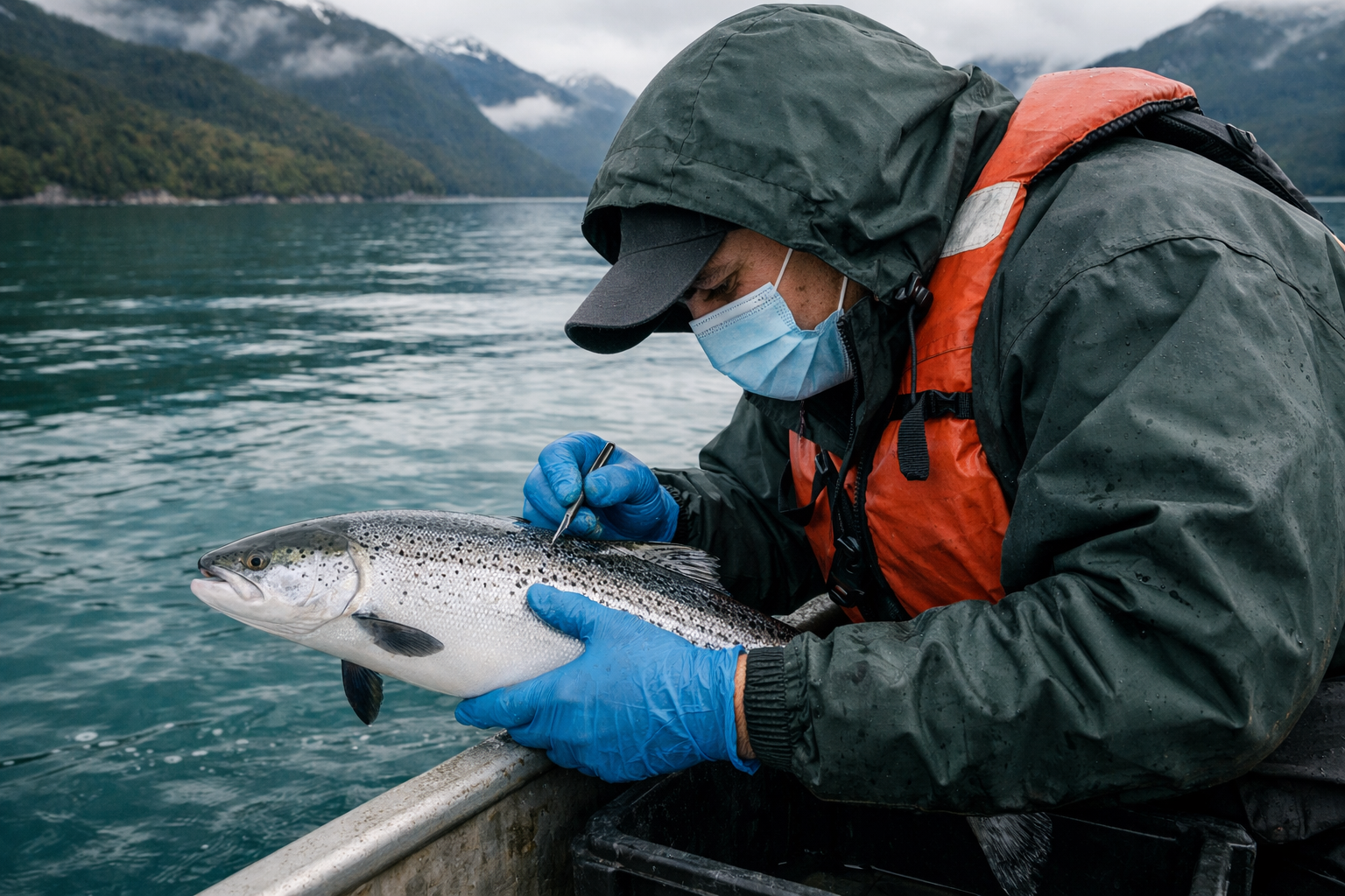 Técnico realizando conteo de Caligus en salmón del Atlántico en fiordo patagónico — respuesta inmune frente a ectoparásitos, Salmon Immunology Series Capítulo 22
