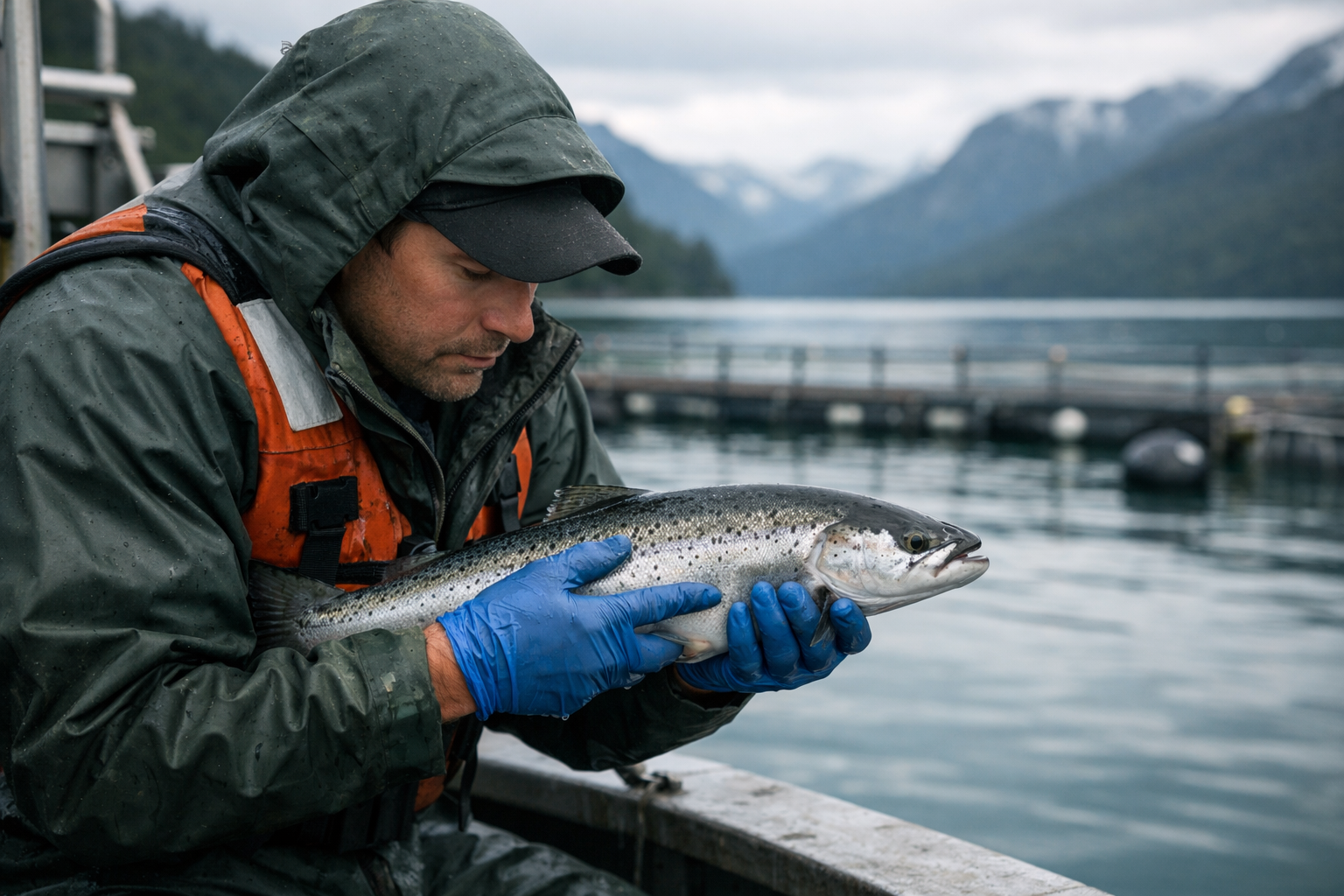 Técnico examinando salmón del Atlántico en busca de Caligus en centro de cultivo patagónico — Serie II Capítulo 1, Salmon Immunology Series