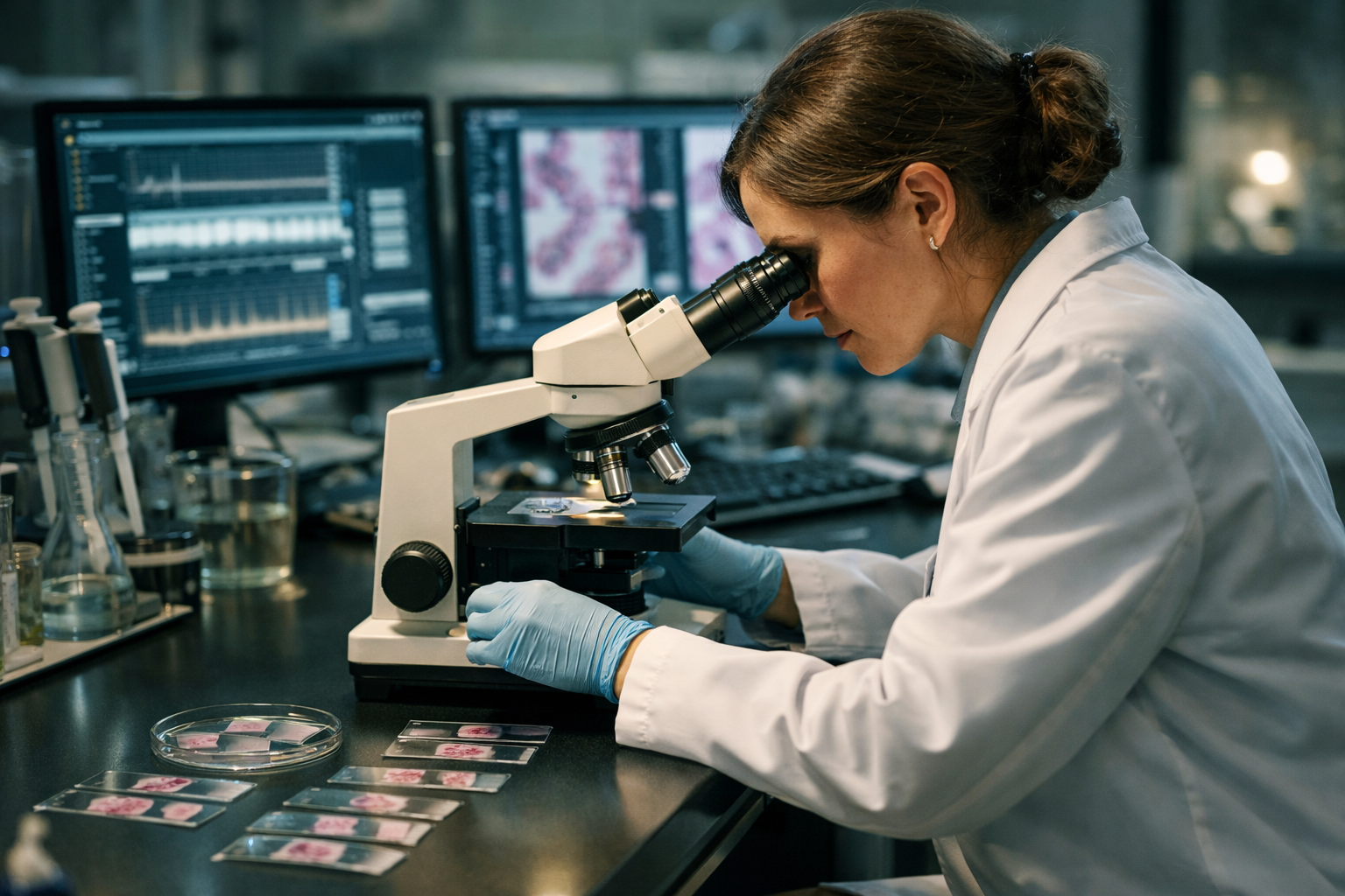 écnico analizando muestras de tejido de salmón en laboratorio de investigación acuícola — Complejo Mayor de Histocompatibilidad, Salmon Immunology Series Capítulo 12