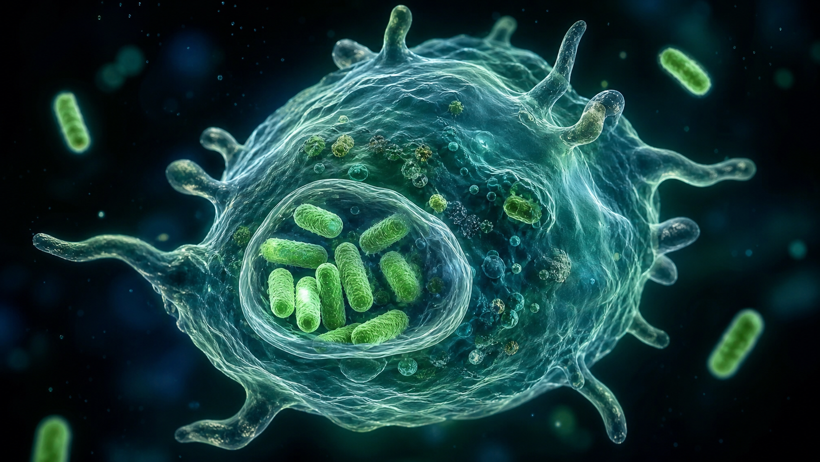 Visualización celular de macrófago del salmón interactuando con Piscirickettsia salmonis — colonización y respuesta inmune frente al SRS, Salmon Immunology Series II Capítulo 3