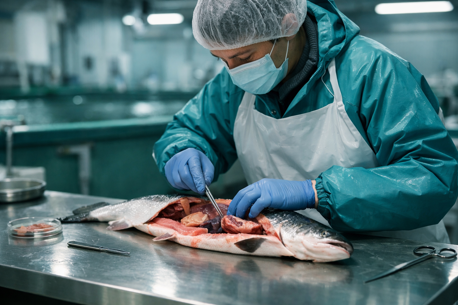 Veterinario realizando necropsia de salmón en centro acuícola — diagnóstico de necrosis pancreática infecciosa IPNV, Salmon Immunology Series Capítulo 19