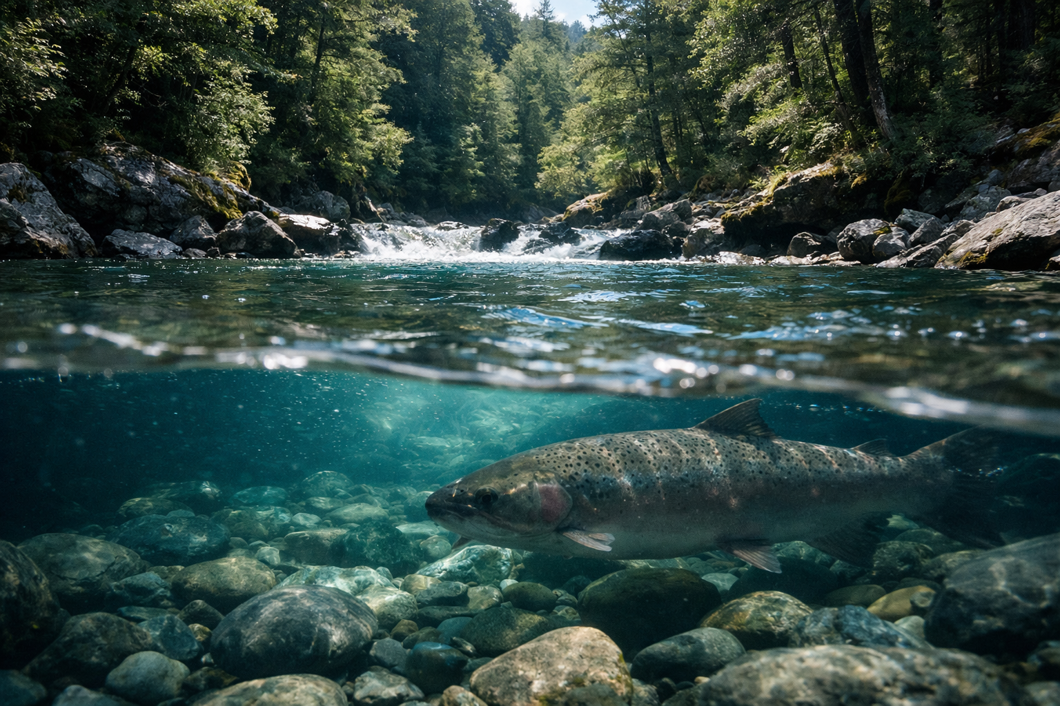 Río patagónico de aguas cristalinas con salmón visible bajo la superficie — tolerancia inmunológica y equilibrio del sistema inmune, Salmon Immunology Series Capítulo 15