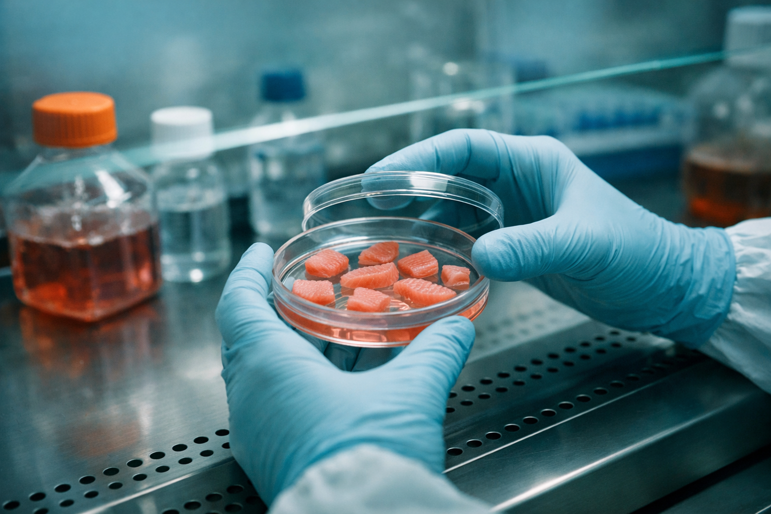 Investigador manipulando muestras de tejido de salmón en laboratorio de inmunología acuícola — tolerancia inmunológica, Salmon Immunology Series Capítulo 16