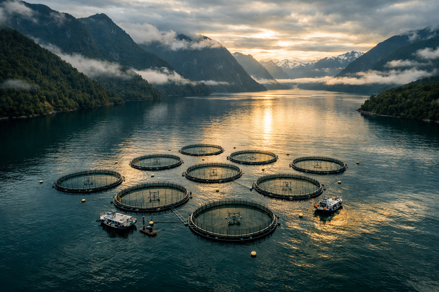 Vista aérea de centro de cultivo de salmón en fiordo patagónico — tolerancia inmunitaria central y periférica, Salmon Immunology Series Capítulo 17