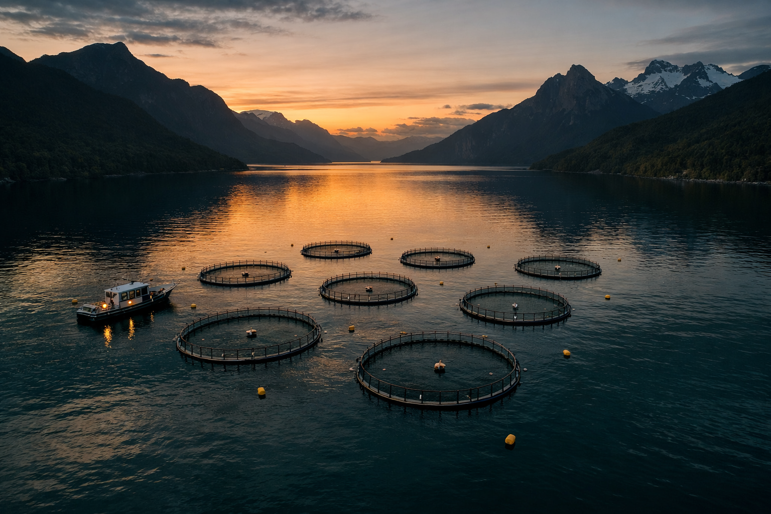Vista aérea de centro de cultivo salmonícola en fiordo patagónico al atardecer — evasión inmune de Caligus y manejo sanitario, Salmon Immunology Series II Capítulo 2