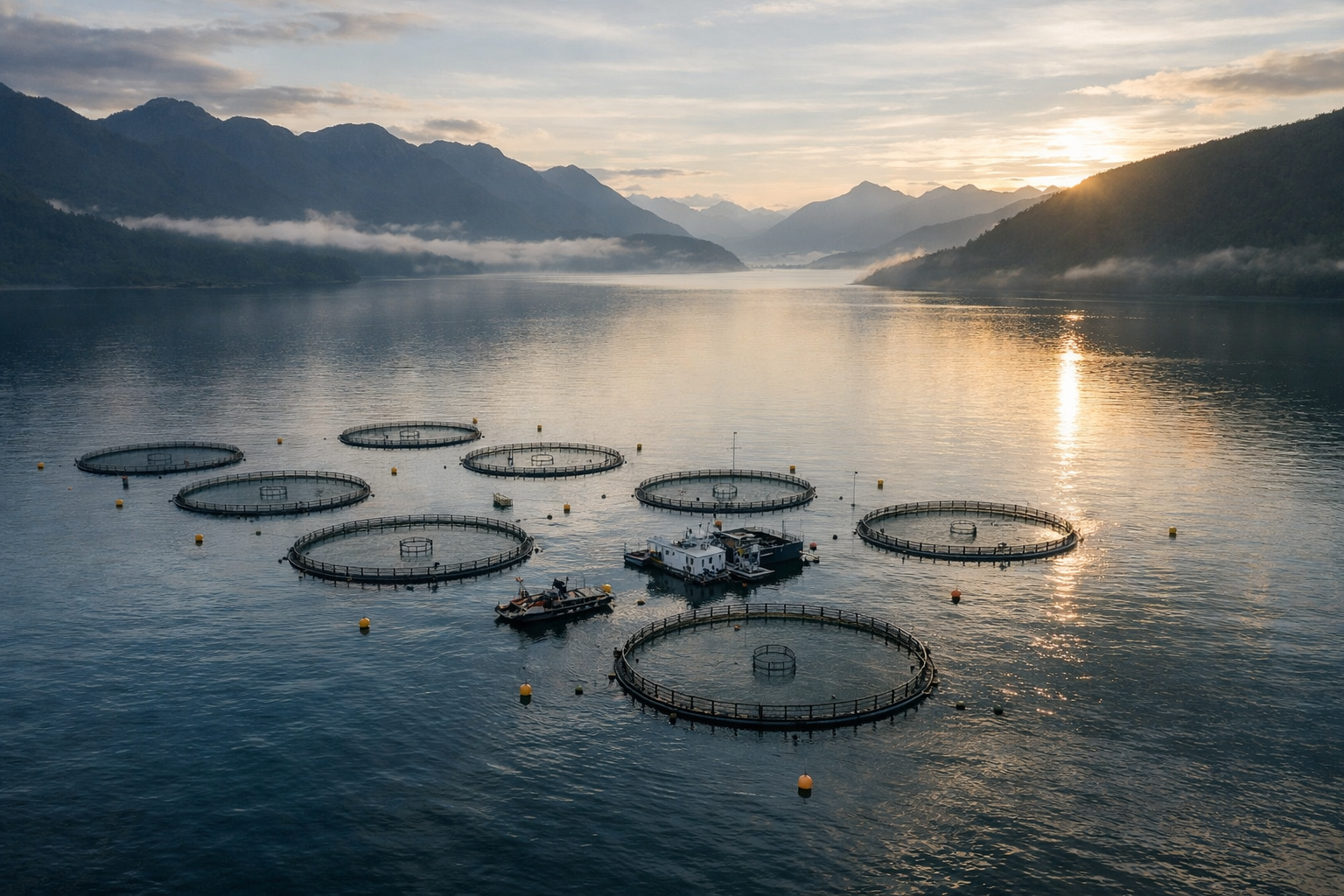 Jaulas de cultivo de salmón en Patagonia — contexto productivo de la Salmon Immunology Series Capítulo 7