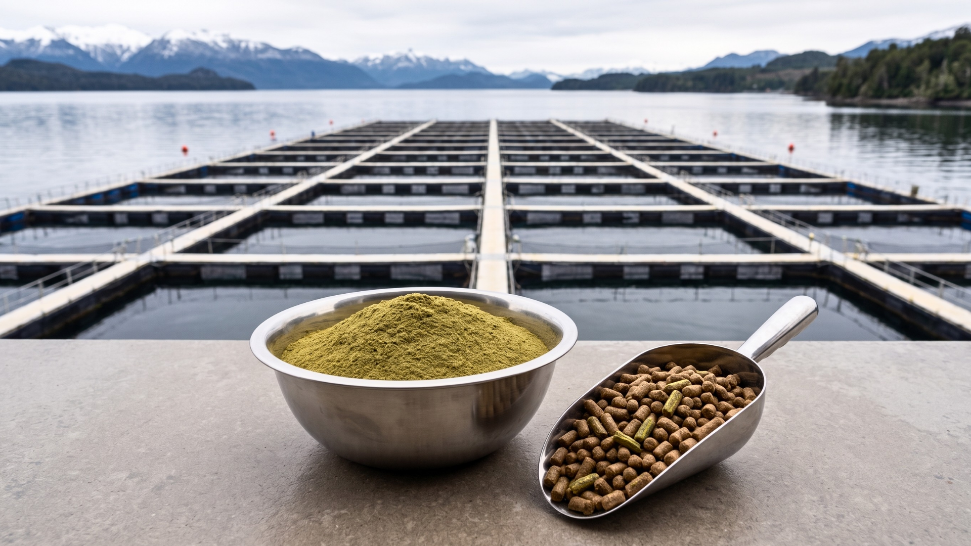 Pellets de alimento funcional con Futerpenol®, con jaulas de cultivo de salmón en un lago de la Patagonia chilena al fondo